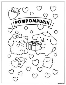 Pompompurin coloring page giving a gift with hearts