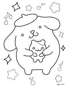 Pompompurin coloring page holding a small teddy bear