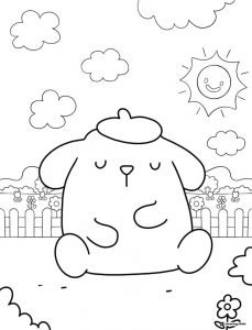 Pompompurin coloring page sitting in a sunny garden