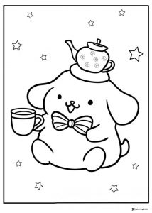 Pompompurin coloring page with a teapot on head and cup