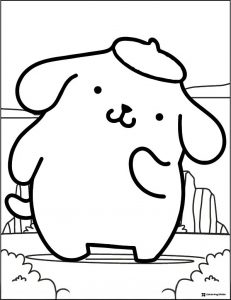 Pompompurin coloring page with desert landscape