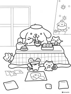 Pompompurin coloring sheet having a meal with friends