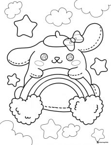 Pompompurin coloring sheet with a rainbow and clouds