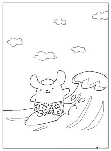 Pompompurin surfing coloring page on a wave
