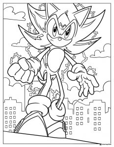 Powered Up Sonic Coloring Page Overlooking a Cityscape