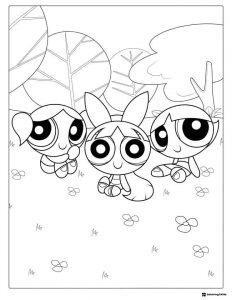 Powerpuff Girls Coloring Page in a Forest Setting