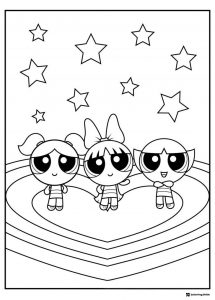 Powerpuff Girls Coloring Page in a Heart with Stars