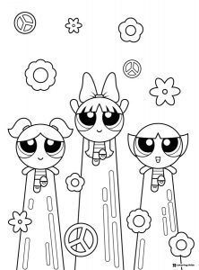 Powerpuff Girls Coloring Page with Flowers and Peace Signs