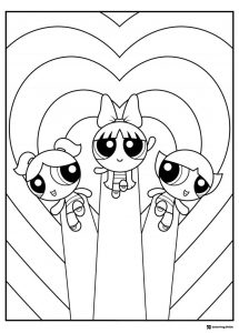 Powerpuff Girls Coloring Page with Heart Background