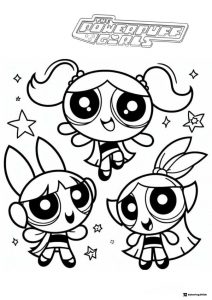 Powerpuff Girls Coloring Page with Stars and Sparkles