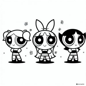 Powerpuff Girls Coloring Sheet with Floating Flowers