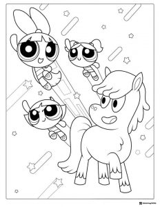Powerpuff Girls and Pony Coloring Page with Stars