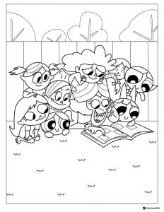 Powerpuff Girls and friends reading a book Coloring Page