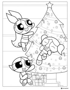 Powerpuff Girls celebrating Christmas with tree Coloring Sheet