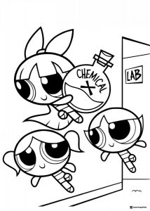 Powerpuff Girls in Lab with Chemical X Coloring Page