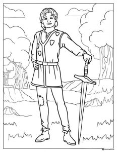 Prince Charming Coloring Page with Sword in Landscape