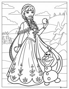 Princess Anna and Olaf on Snowfall Coloring Page