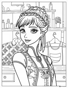 Princess Anna in Shop Coloring Page with Braids
