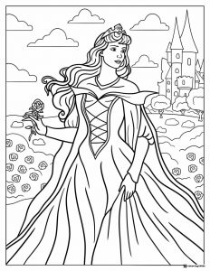 Princess Aurora Coloring Sheet with a Rose and Castle