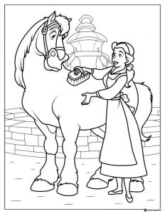 Princess Belle Brushing Horse Coloring Page