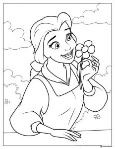 Princess Belle Coloring Page holding a flower
