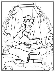 Princess Belle Reading Coloring Page with sheep