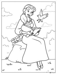 Princess Belle Reading with Bird Coloring Page