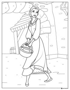 Princess Belle with Basket Coloring Page village