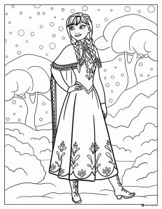 Princess Coloring Page in Cloak with Snowy Forest Background