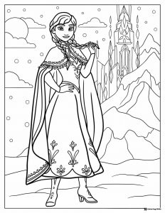 Princess Coloring Page in Winter Dress with Ice Castle Background