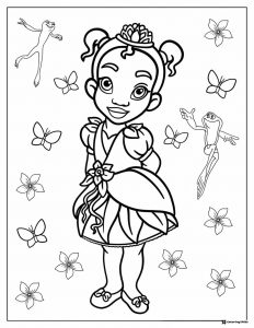 Princess Coloring Page with Frogs and Butterflies