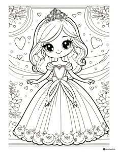 Princess Coloring Page with Hearts and Floral Border