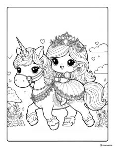 Princess Coloring Sheet Happily Riding a Unicorn in the Clouds