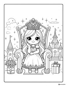 Princess Coloring Sheet on Throne with Castles and Gifts