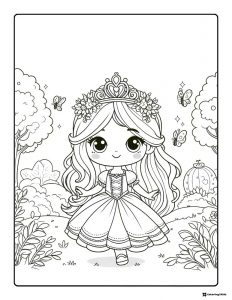 Princess Coloring Sheet with Butterflies in a Whimsical Forest