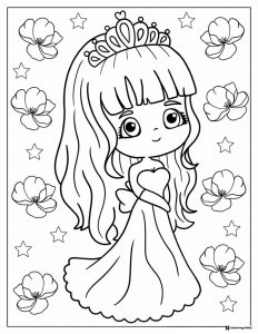 Princess Coloring Sheet with Flowers and Stars