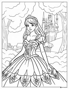 Princess Coloring Sheet with a Castle and Forest Background