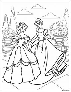 Princesses Belle and Cinderella Coloring Page outdoors