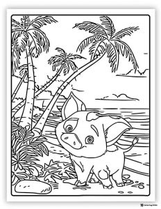 Pua Coloring Page on a beach with palm trees