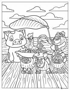 Pua Heihei and Kakamora Coloring Page with a big leaf