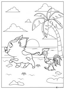 Pua and Heihei on the Beach Coloring Page