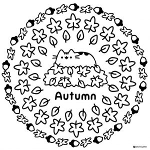 Pusheen Autumn Leaves Mandala Coloring Page