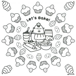 Pusheen Baking Cupcakes Coloring Page