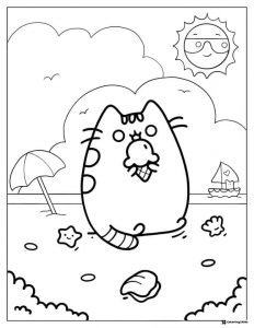 Pusheen Beach Day Coloring Page with Ice Cream