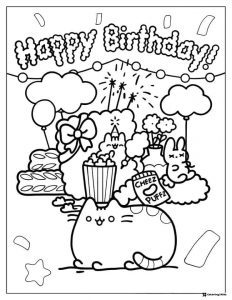Pusheen Birthday Celebration Coloring Page