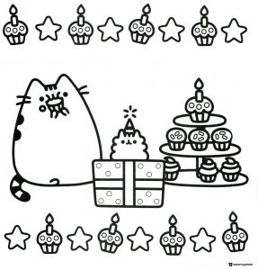 Pusheen Birthday Celebration Coloring Page with Cupcakes