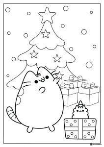 Pusheen Christmas Tree Decorating Coloring Page