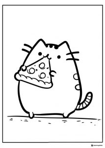 Pusheen Coloring Page Eating a Slice of Pizza