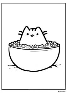 Pusheen Coloring Page in a Bowl of Cereal