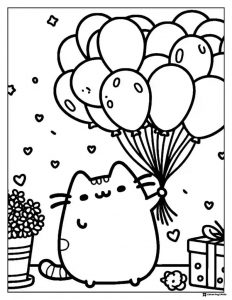 Pusheen Coloring Sheet with Balloons and Gift